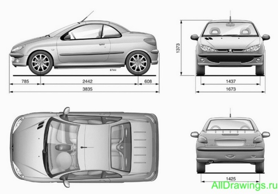 Peugeot 206 CC (Пежо 206 CC) - чертежи (рисунки) автомобиля